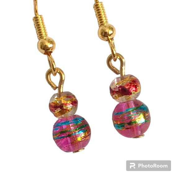 Pink Aqua Blue Murano Glass Earrings Bead Hand Painted Round Gold Plated Dangle - Picture 4 of 13